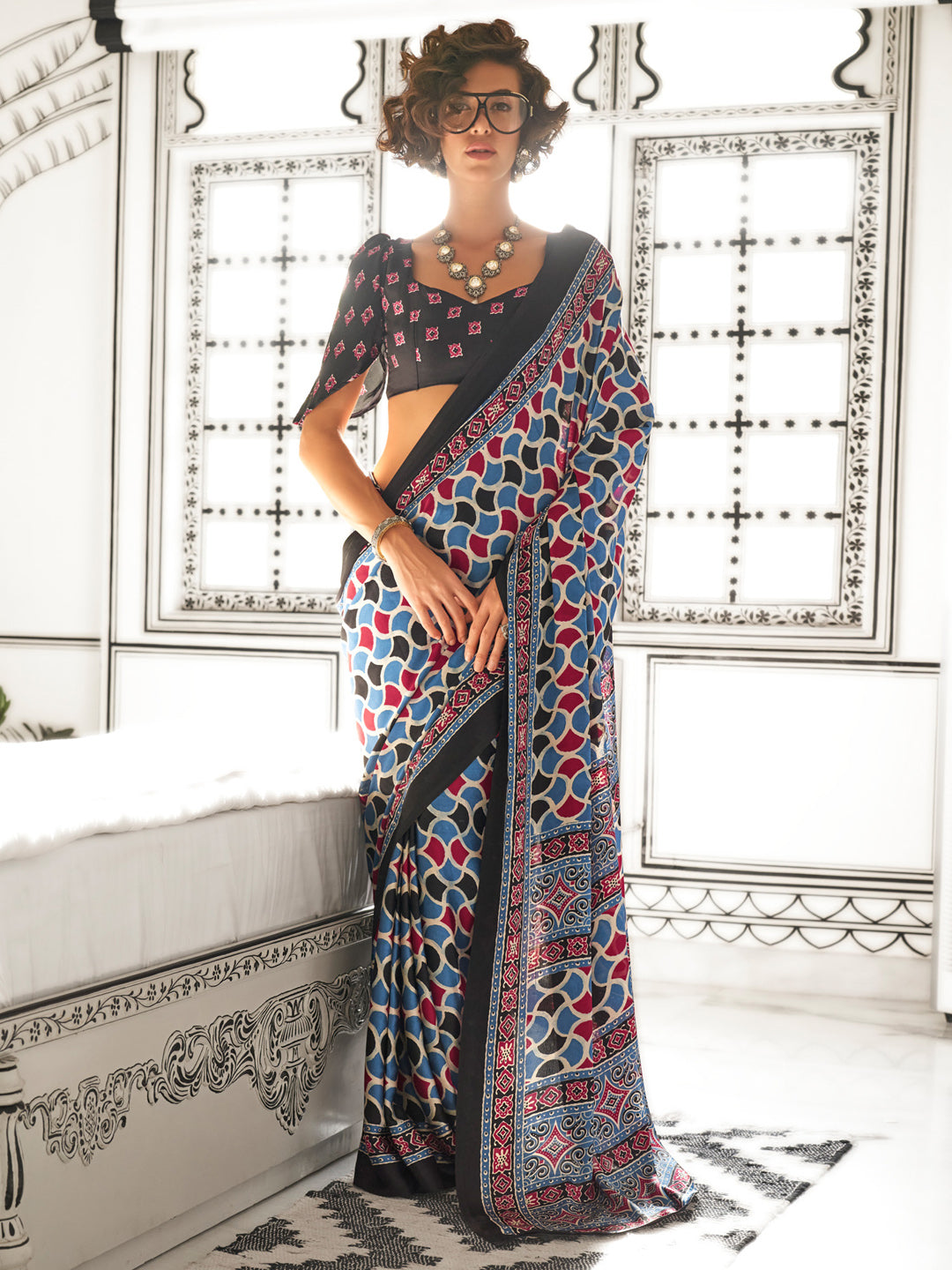NOZ2TOZ Women's Crepe Blue Printed Designer Saree With Blouse Piece - Distacart
