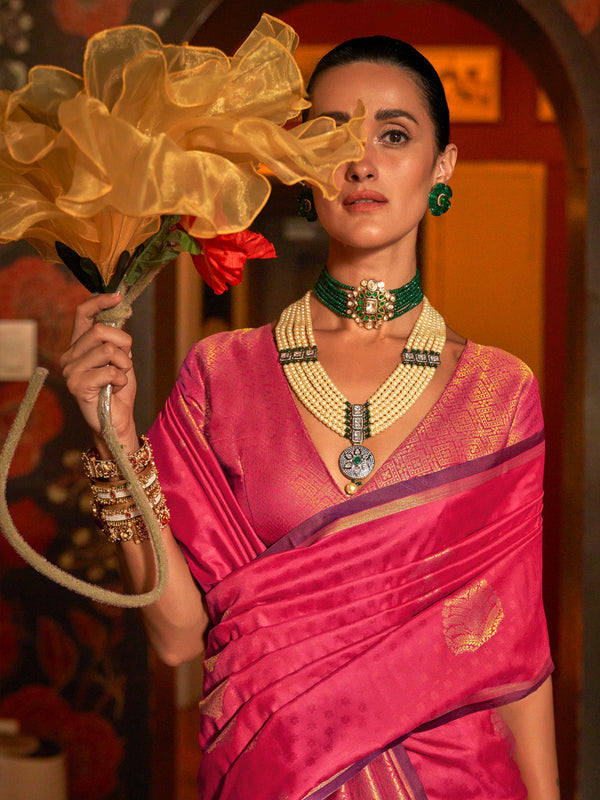 NOZ2TOZ Women's Silk Blend Pink Woven Design Designer Saree With Blouse Piece - Distacart