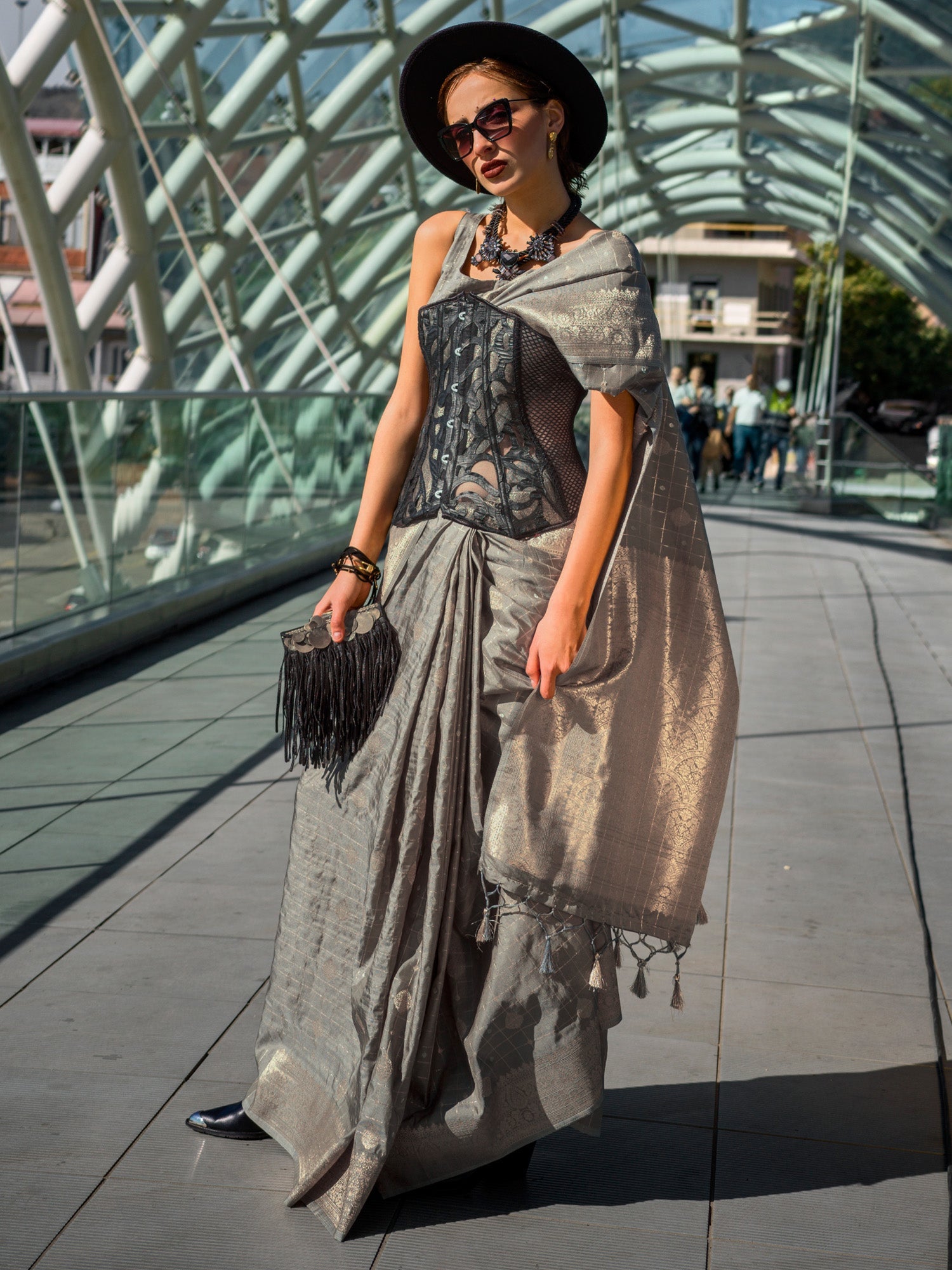 NOZ2TOZ Women's Silk Blend Grey Woven Design Designer Saree With Blouse Piece - Distacart