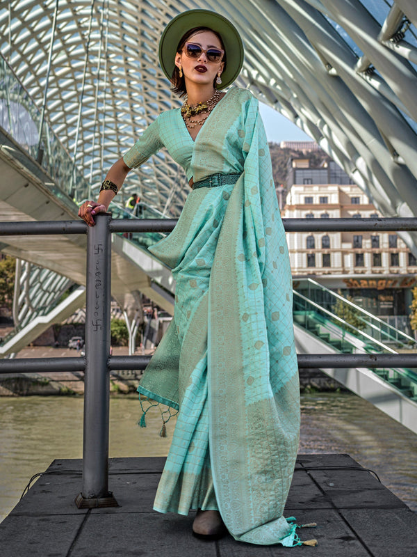 NOZ2TOZ Women's Silk Blend Light Blue Woven Design Designer Saree With Blouse Piece - Distacart