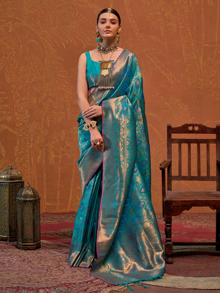 NOZ2TOZ Women's Silk Blend Teal blue Woven Design Designer Saree With Blouse Piece - Distacart