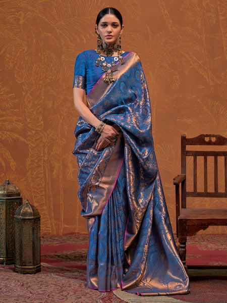 NOZ2TOZ Women's Silk Blend Navy Blue Woven Design Designer Saree With Blouse Piece - Distacart