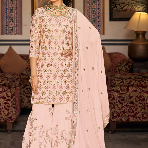 Vegaa Fashion Light Peach Georgette Ebroidered Designer Sharara Suit - Distacart