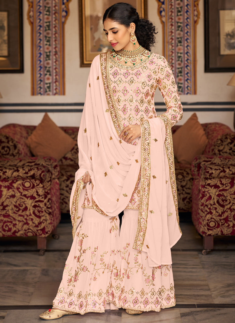 Vegaa Fashion Light Peach Georgette Ebroidered Designer Sharara Suit - Distacart