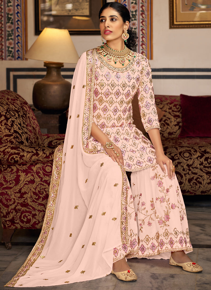 Vegaa Fashion Light Peach Georgette Ebroidered Designer Sharara Suit