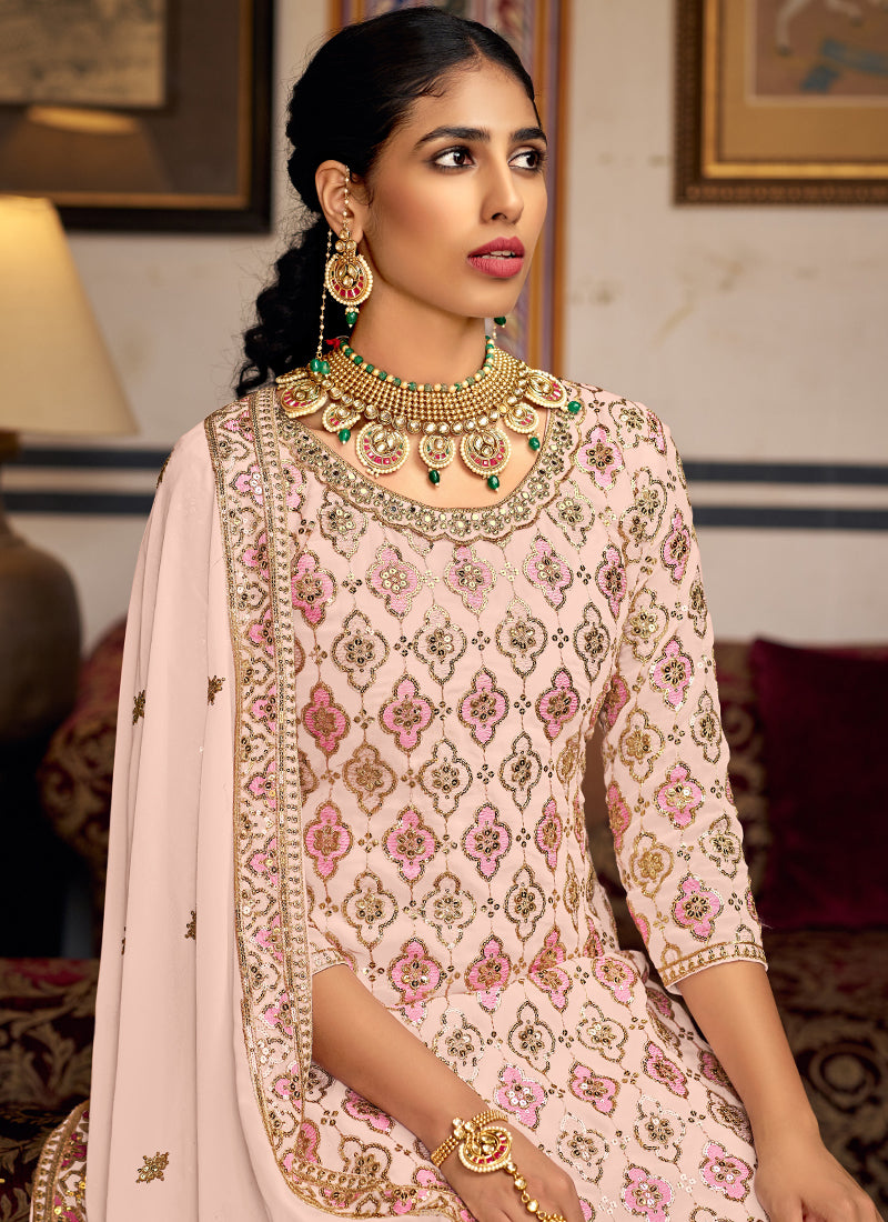 Vegaa Fashion Light Peach Georgette Ebroidered Designer Sharara Suit