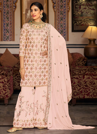 Vegaa Fashion Light Peach Georgette Ebroidered Designer Sharara Suit