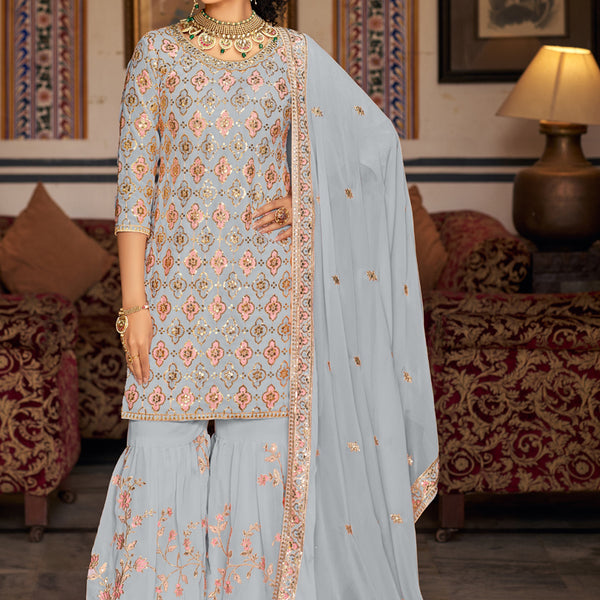 Vegaa Fashion Light Grey Georgette Ebroidered Designer Sharara Suit - Distacart