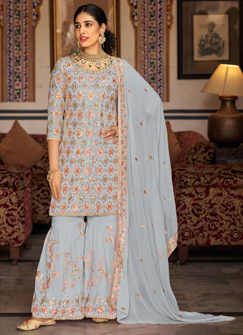 Vegaa Fashion Light Grey Georgette Ebroidered Designer Sharara Suit - Distacart
