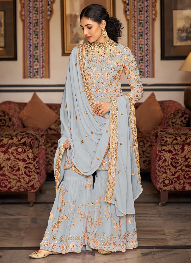 Vegaa Fashion Light Grey Georgette Ebroidered Designer Sharara Suit - Distacart