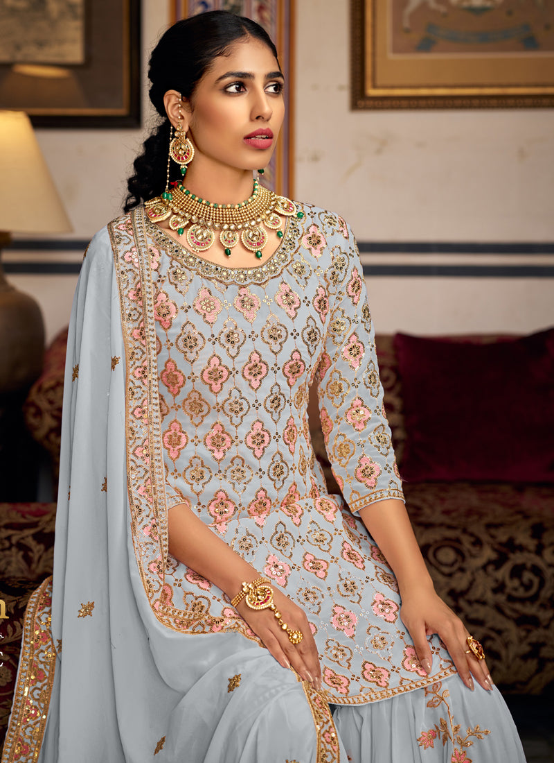 Vegaa Fashion Light Grey Georgette Ebroidered Designer Sharara Suit