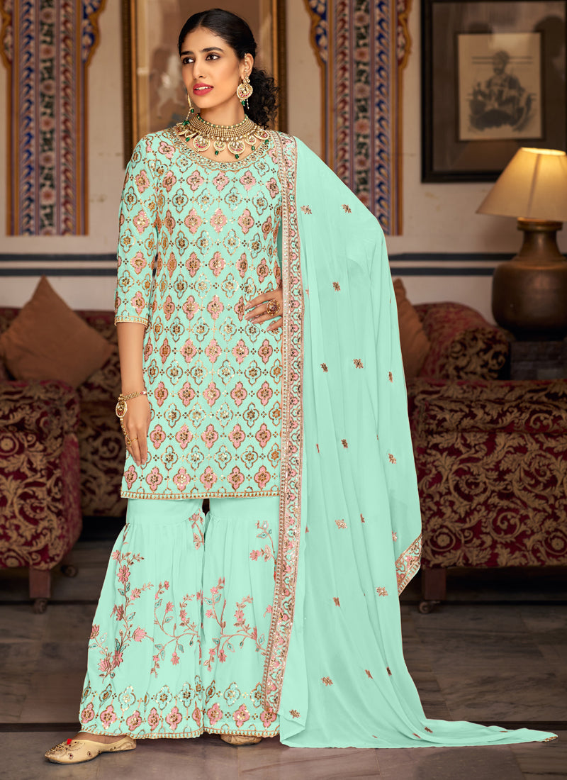 Vegaa Fashion Bottel Green Georgette Ebroidered Designer Sharara Suit - Distacart
