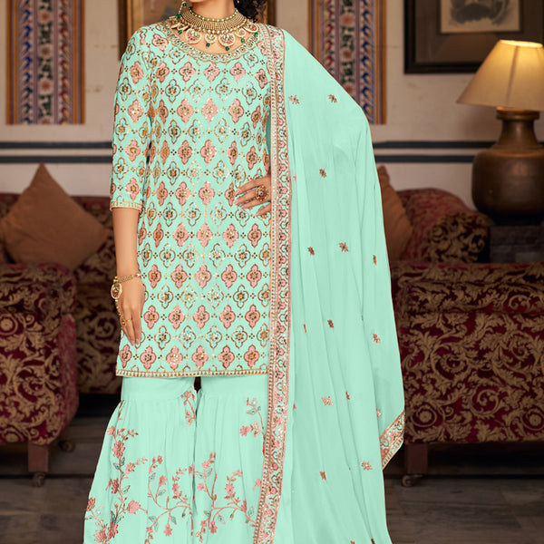 Vegaa Fashion Bottel Green Georgette Ebroidered Designer Sharara Suit - Distacart