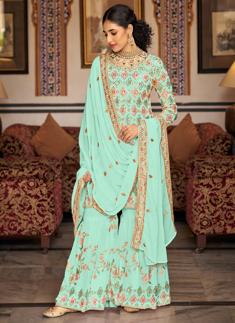 Vegaa Fashion Bottel Green Georgette Ebroidered Designer Sharara Suit - Distacart