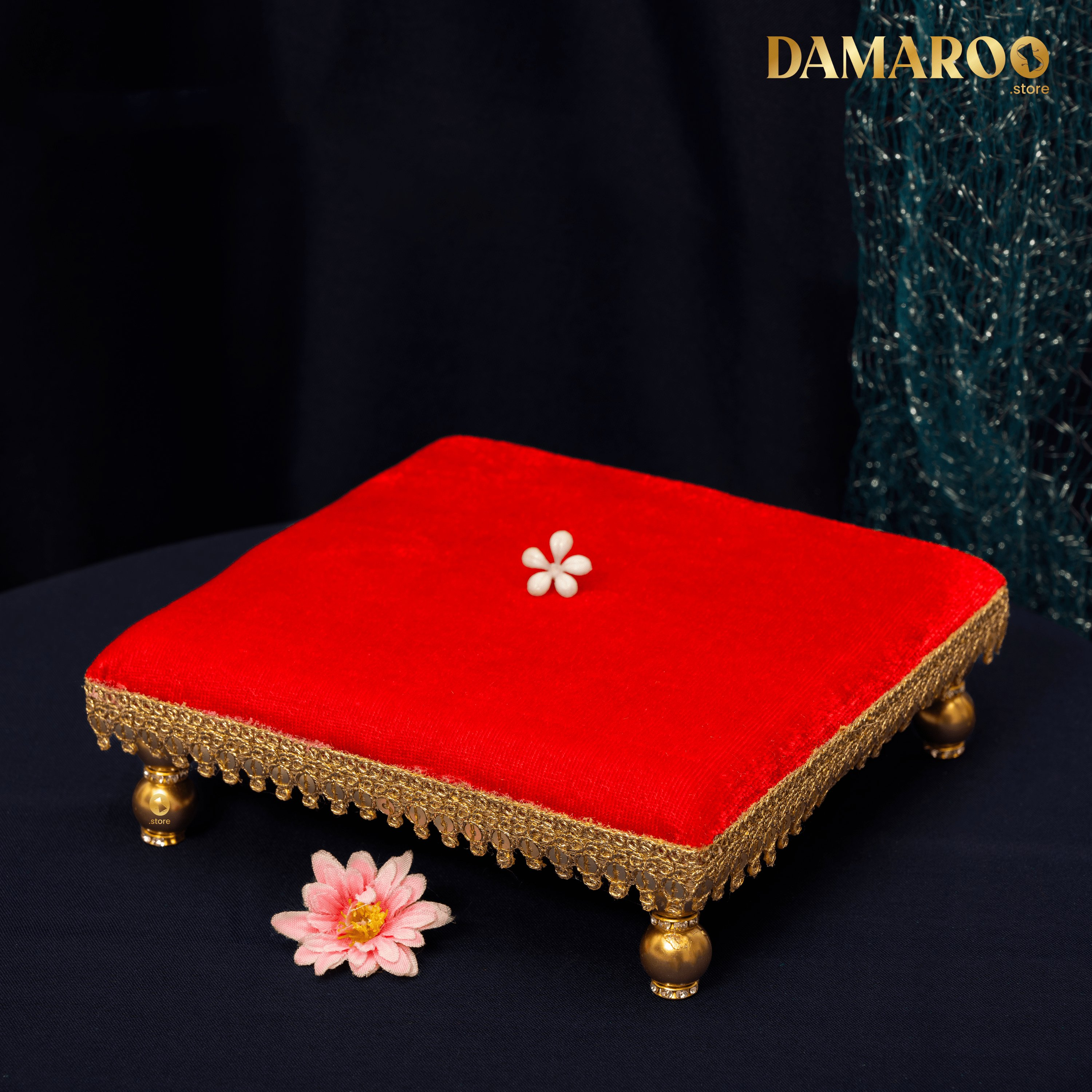 Damaroo 6x6 inch | Chowki / Bajit for Kalash | Velvety Golden Frill - Kumkum Red - Distacart