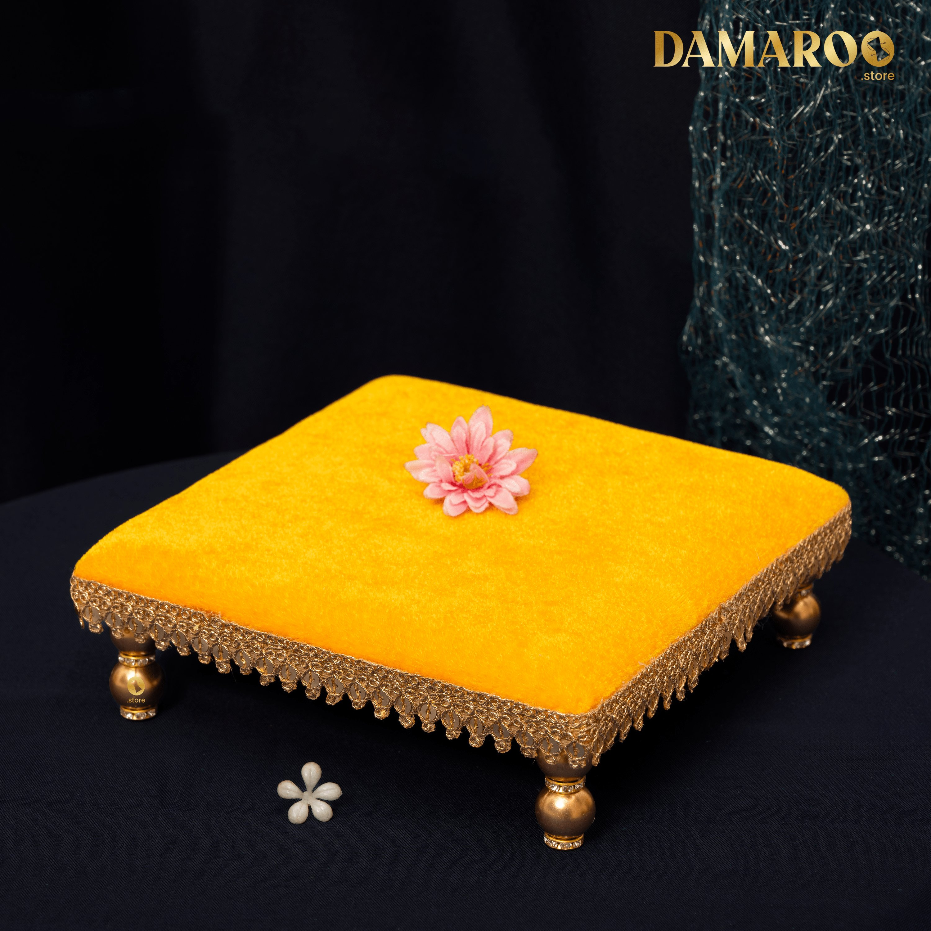 Damaroo 6x6 inch | Chowki / Bajit for Kalash | Velvety Golden Frill - Turmeric Yellow - Distacart