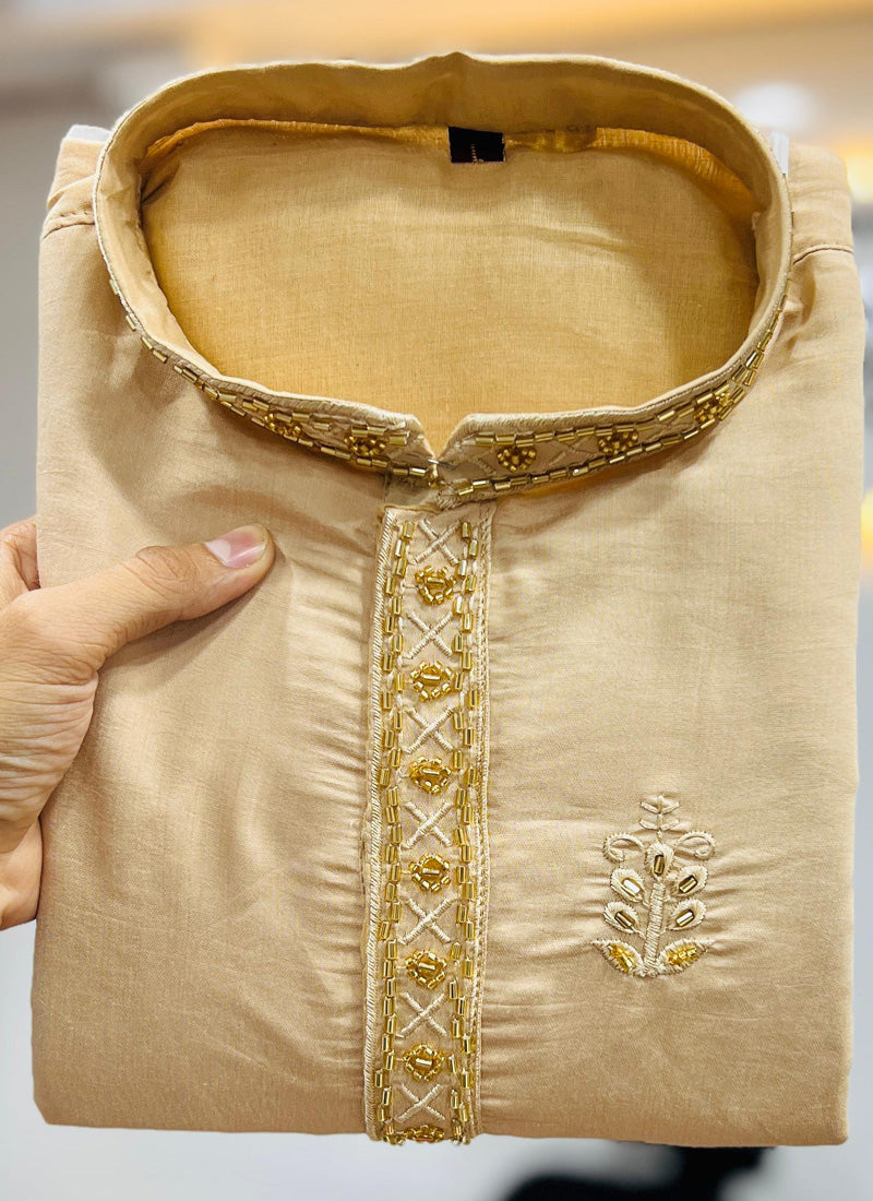 Prazu Fashion Beige Roman Silk Handwork Kurta With Pajama