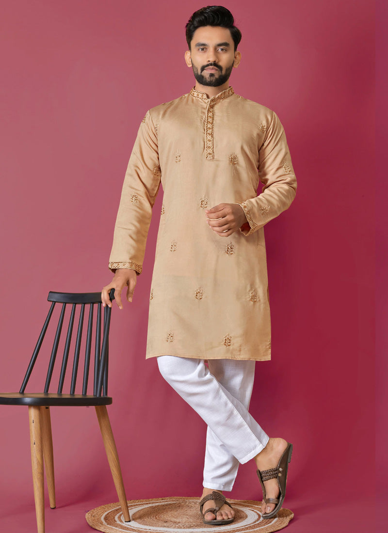 Prazu Fashion Beige Roman Silk Handwork Kurta With Pajama
