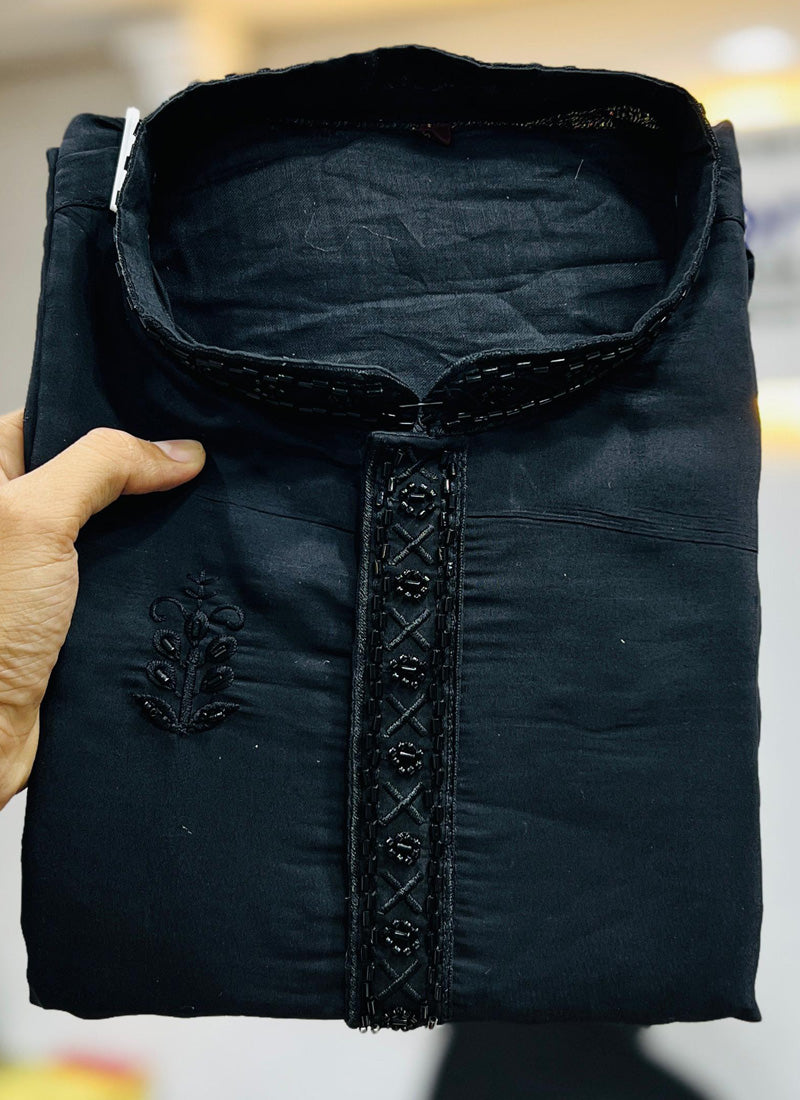 Prazu Fashion Black Roman Silk Handwork Kurta With Pajama