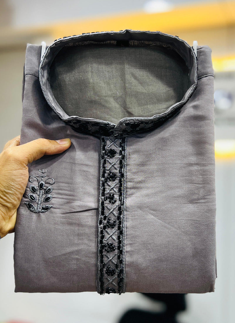 Prazu Fashion Dark Grey Roman Silk Handwork Kurta With Pajama