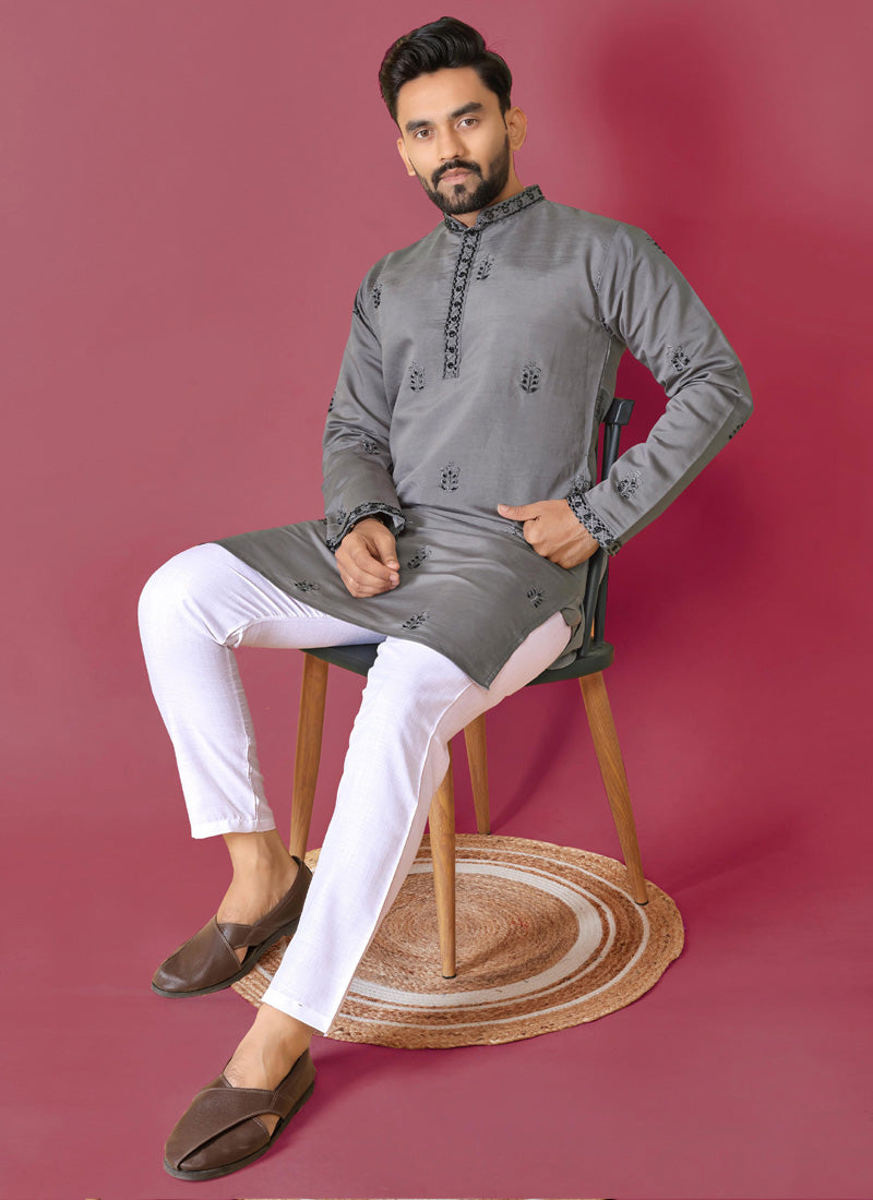 Prazu Fashion Dark Grey Roman Silk Handwork Kurta With Pajama