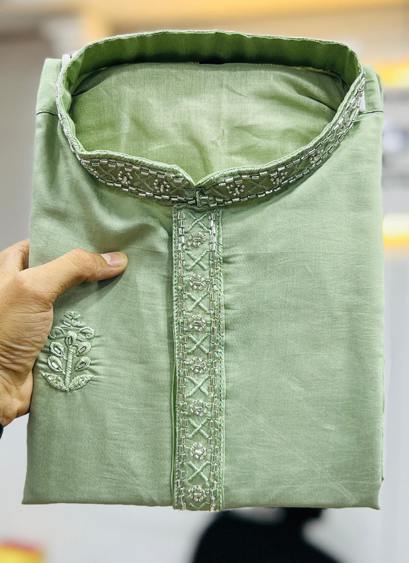 Prazu Fashion Light Green Roman Silk Handwork Kurta With Pajama