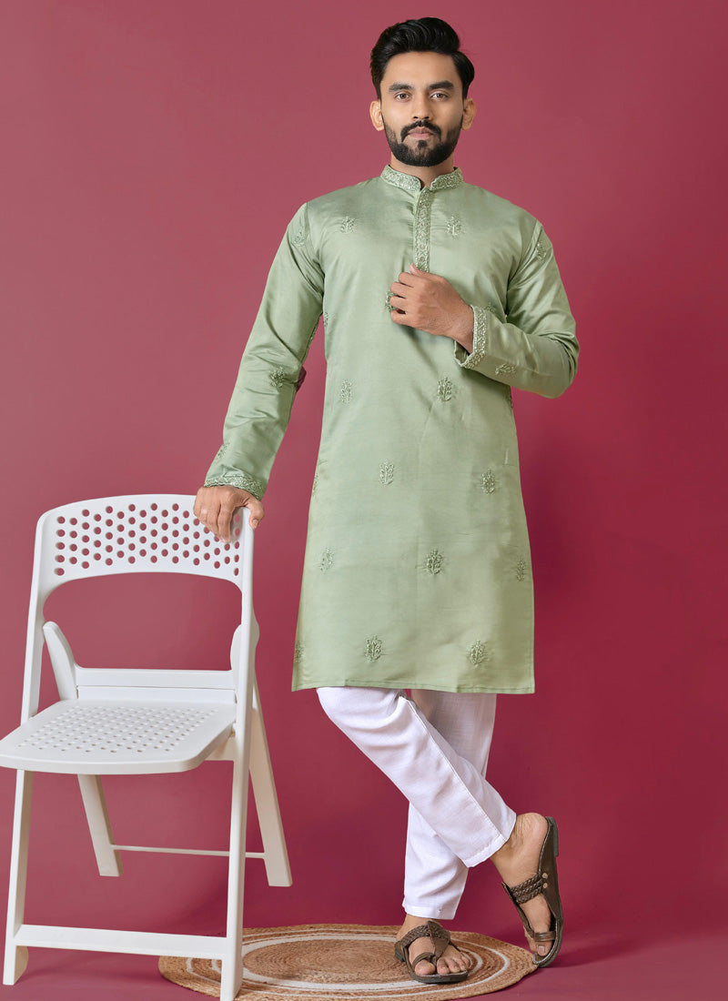Prazu Fashion Light Green Roman Silk Handwork Kurta With Pajama
