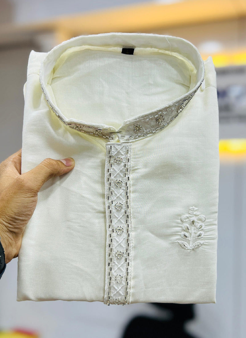 Prazu Fashion Off White Roman Silk Handwork Kurta With Pajama