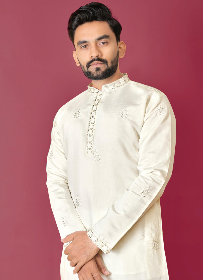 Prazu Fashion Off White Roman Silk Handwork Kurta With Pajama