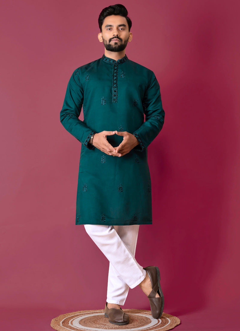 Prazu Fashion Royal Blue Roman Silk Handwork Kurta With Pajama