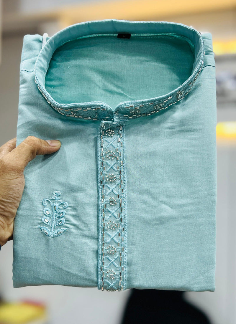 Prazu Fashion Sky Blue Roman Silk Handwork Kurta With Pajama