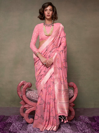 NOZ2TOZ Women's Silk Blend Pink Woven Design Designer Saree With Blouse Piece - Distacart