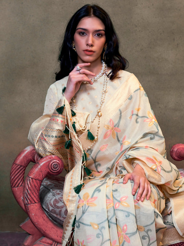 NOZ2TOZ Women's Silk Blend Cream Woven Design Designer Saree With Blouse Piece - Distacart