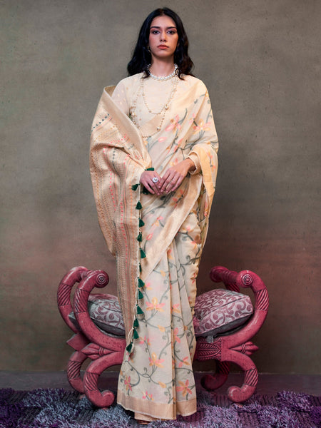 NOZ2TOZ Women's Silk Blend Cream Woven Design Designer Saree With Blouse Piece - Distacart