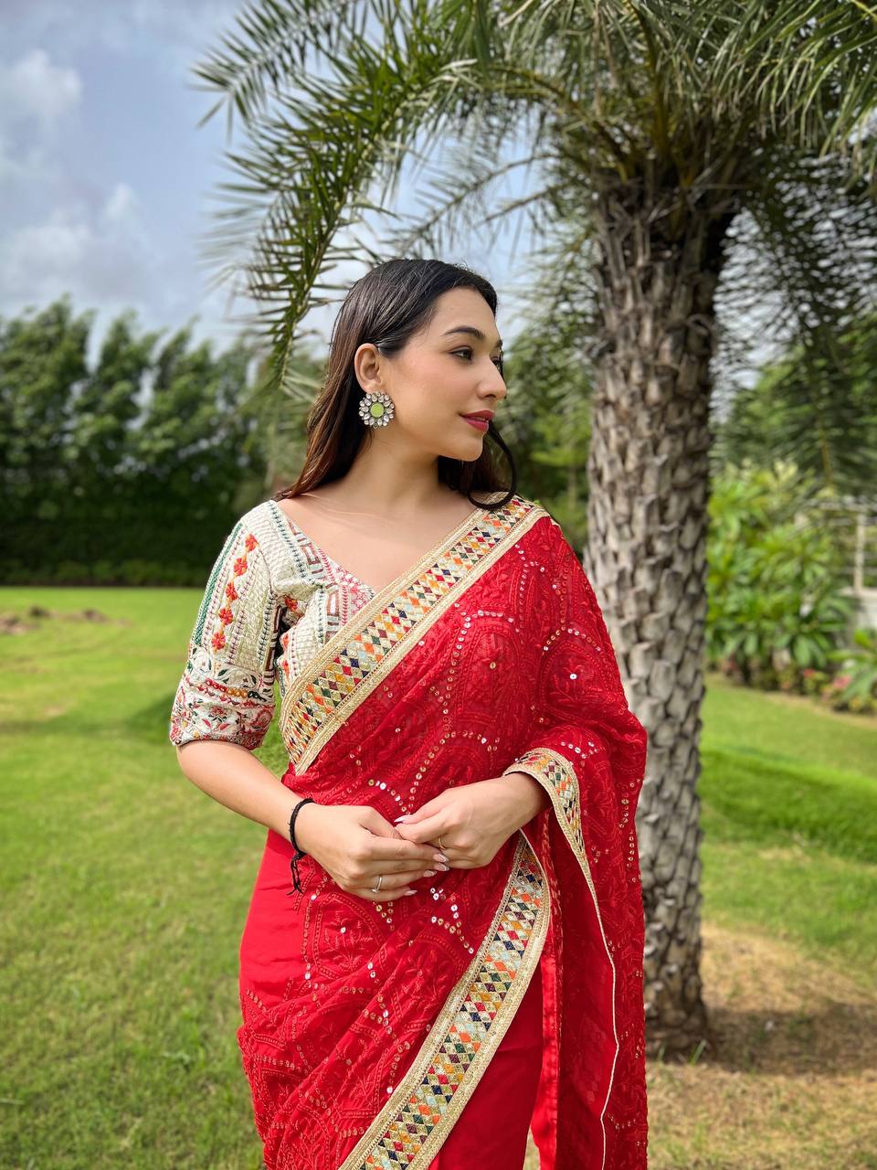 Teeya Creation Red Color Georgette Embroidery Work Saree - Distacart