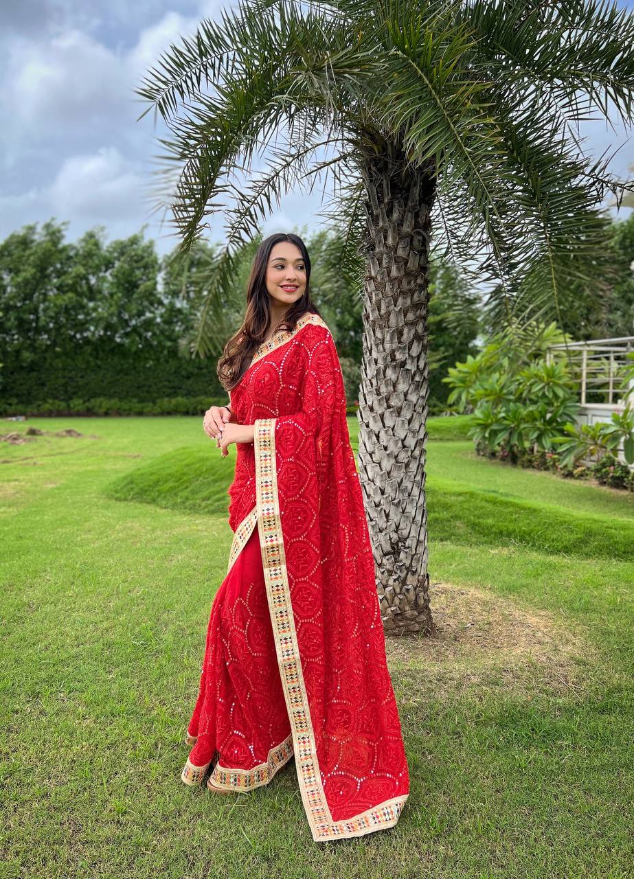 Teeya Creation Red Color Georgette Embroidery Work Saree - Distacart