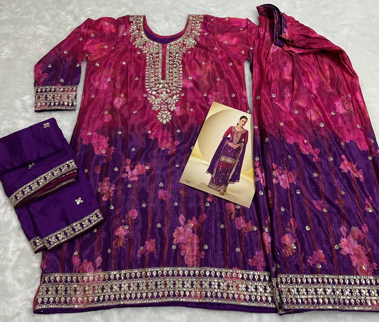 Aarshi Fashions Pink Chinon Silk Digital Print Wedding Palazzo Suit