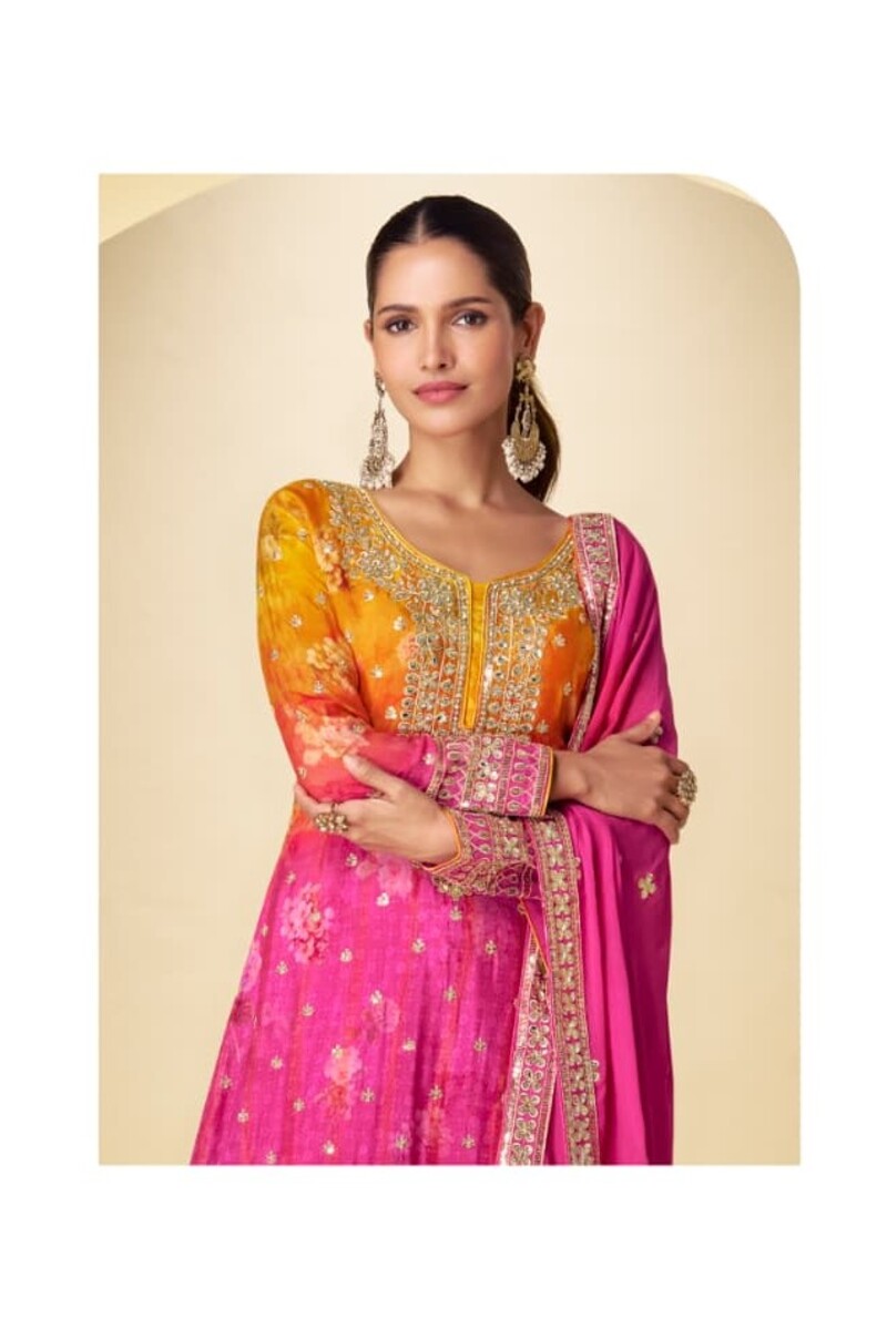 Aarshi Fashions Yellow Chinon Silk Digital Print Wedding Palazzo Suit