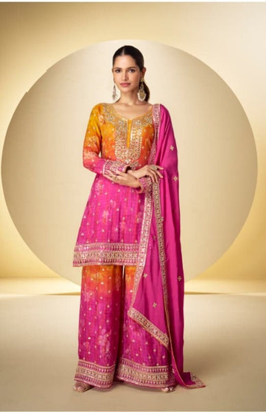 Aarshi Fashions Yellow Chinon Silk Digital Print Wedding Palazzo Suit