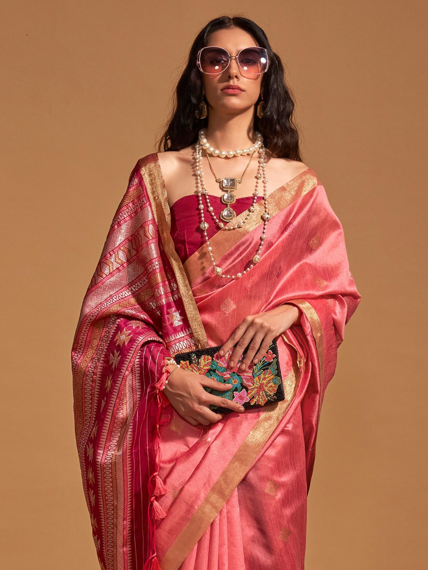 NOZ2TOZ Women's Silk Blend Pink Woven Design Designer Saree With Blouse Piece - Distacart