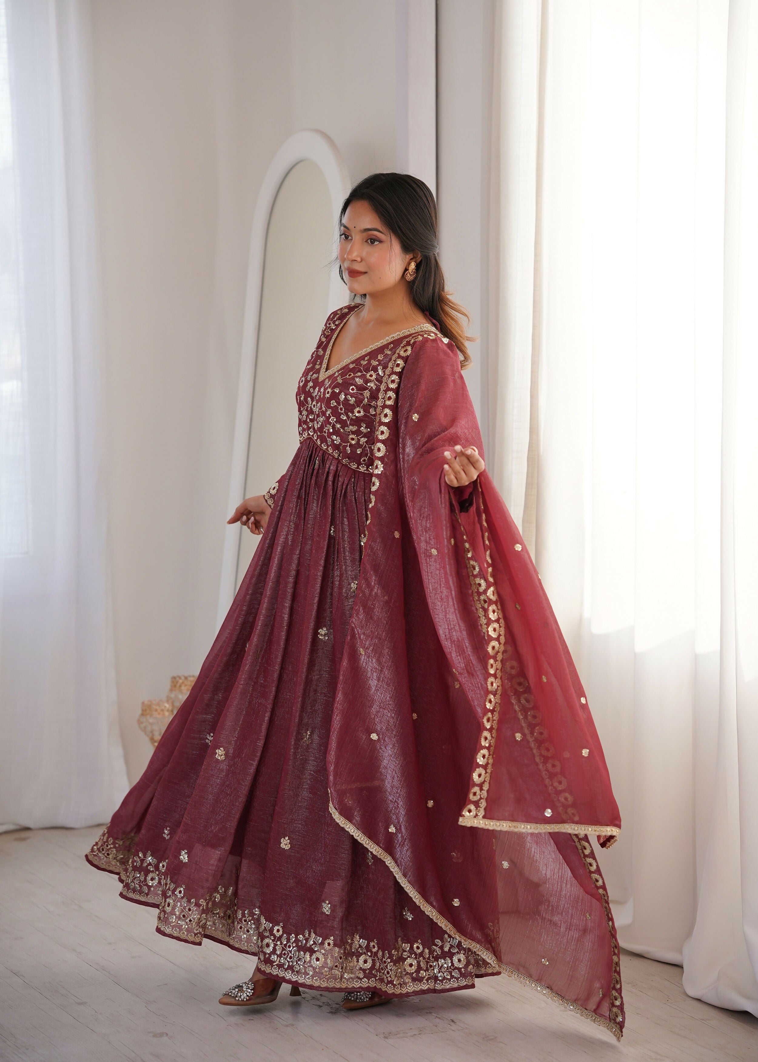 Teeya Creation Brown Crunchy Silk Wedding Wear Embroidery Work Design Gown - Distacart