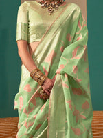 Thumbnail for NOZ2TOZ Women's Linen Light Green Woven Design Designer Saree With Blouse Piece - Distacart