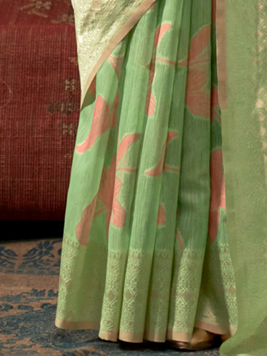 NOZ2TOZ Women's Linen Light Green Woven Design Designer Saree With Blouse Piece - Distacart