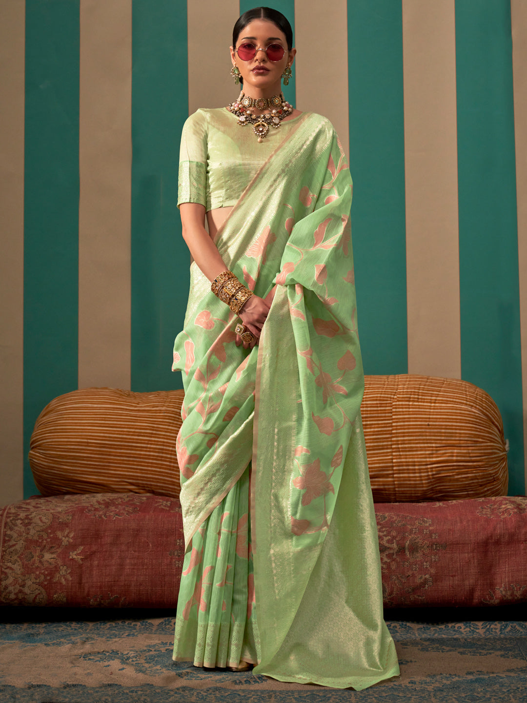 NOZ2TOZ Women's Linen Light Green Woven Design Designer Saree With Blouse Piece - Distacart