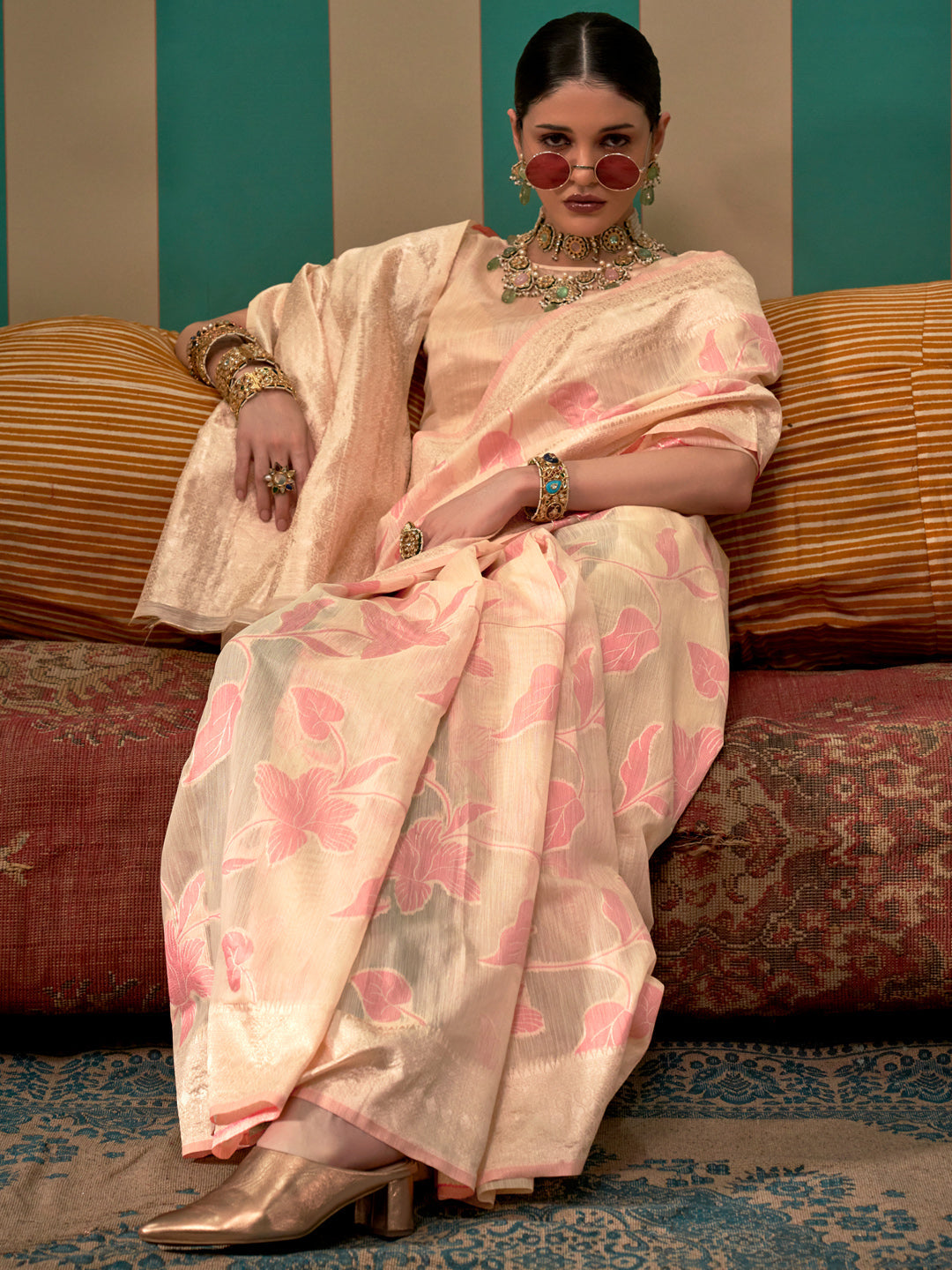 NOZ2TOZ Women's Linen Cream Woven Design Designer Saree With Blouse Piece - Distacart