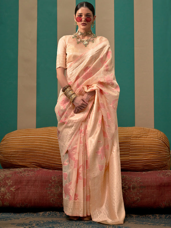 NOZ2TOZ Women's Linen Cream Woven Design Designer Saree With Blouse Piece - Distacart
