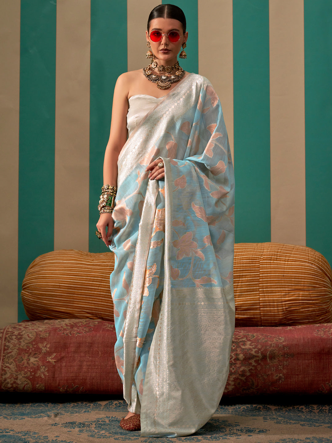 NOZ2TOZ Women's Linen Light Blue Woven Design Designer Saree With Blouse Piece - Distacart