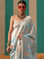 Thumbnail for NOZ2TOZ Women's Linen Light Blue Woven Design Designer Saree With Blouse Piece - Distacart