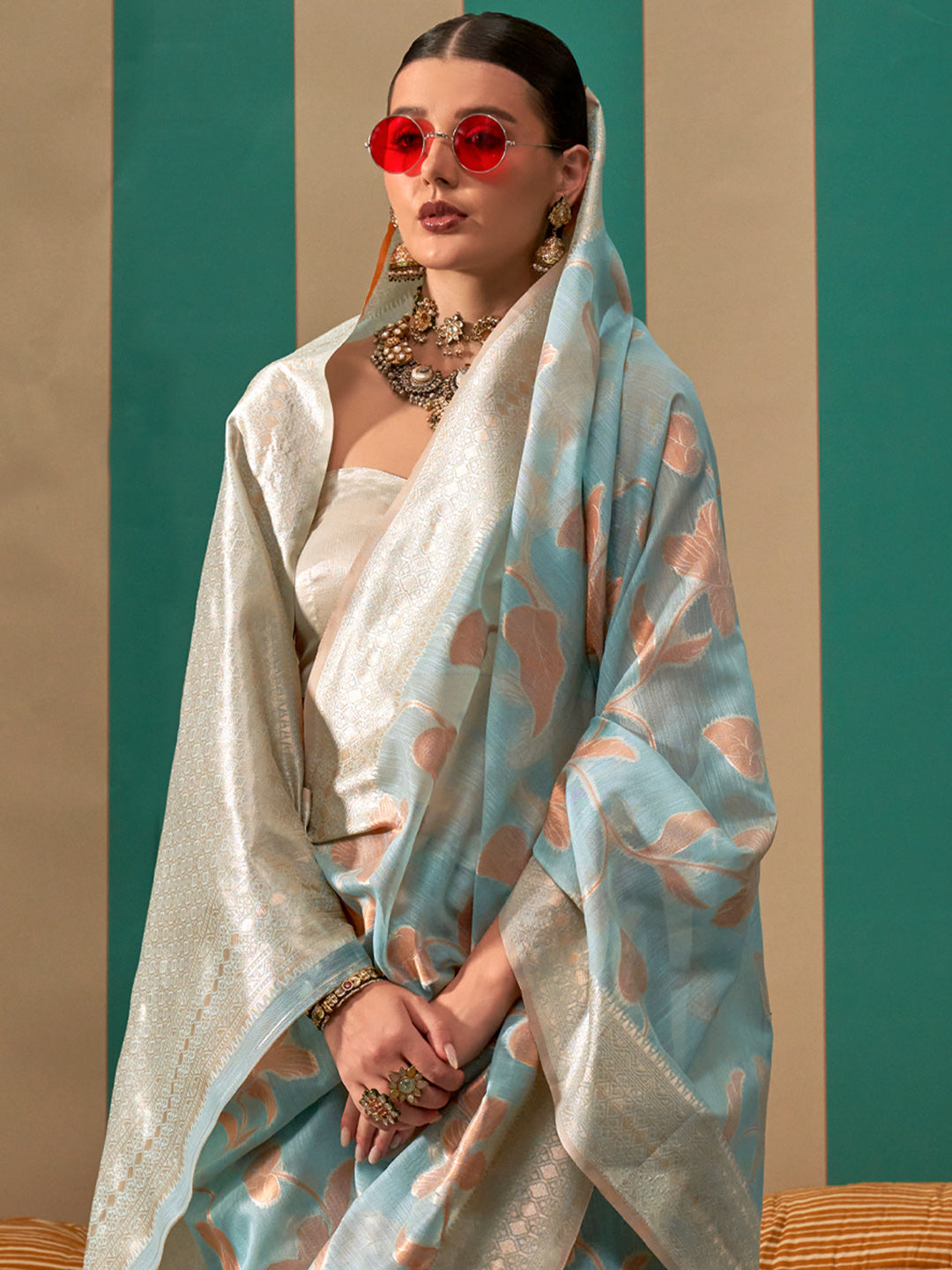 NOZ2TOZ Women's Linen Light Blue Woven Design Designer Saree With Blouse Piece - Distacart