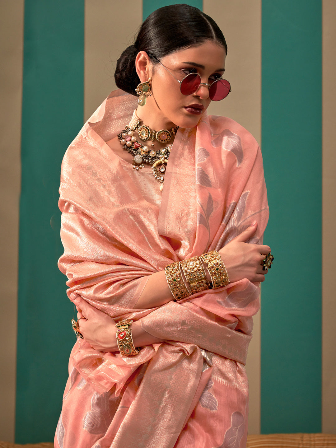 NOZ2TOZ Women's Linen Peach Woven Design Designer Saree With Blouse Piece - Distacart